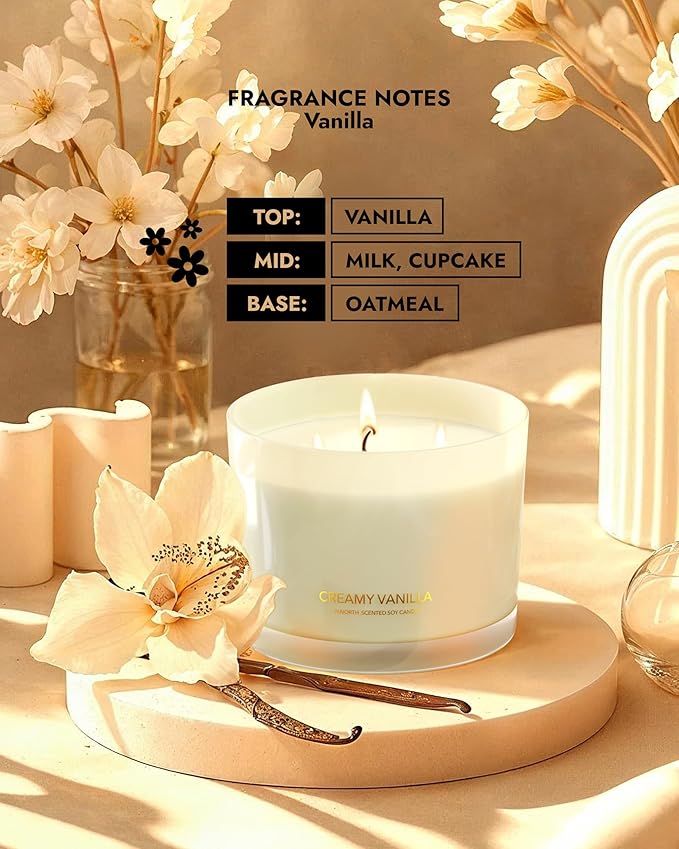 96NORTH Creamy Vanilla Scented Candles | Large 3 Wick Jar Candle | Up to 40 Hours Burning Time | 100% Natural Soy Wax | Relaxing Scented Candle for Home | Gift-Ready Luxury Candle for Men & Women - Bloomnest