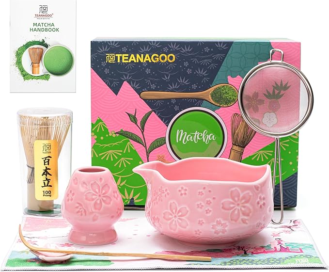 TEANAGOO 7-PCS Pink Matcha Whisk Set with Cherry Blossom Design, Complete Ceremony Kit, Ceramic Chawan Bowl with Spout, Whisk & Accessories, Traditional Matcha Tea Set for Lattes& Gift Giving - Bloomnest