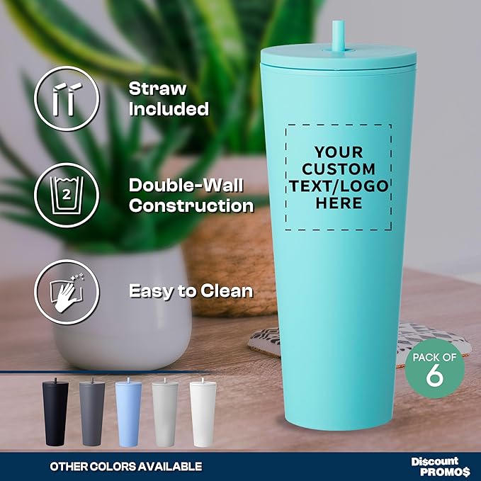 DISCOUNT PROMOS Custom Kenai Plastic Tumblers with Straw 24 oz., Set of 6, Personalized Bulk Pack - Ideal for Busy Professionals, With lids, Ice Coffee Tumbler, To Go Cup, Insulated - Mint - Bloomnest