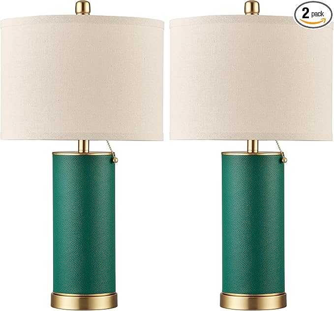 KDG 23.4" Green PU Leather Table Lamps for Living Room Set of 2, 3 Level Brightness LED Modern Home Decor Fabric Lampshade Desk Lamp Lighitng for Bedroom, Bedside, Farmhouse, Nightstand, Night Light - Bloomnest