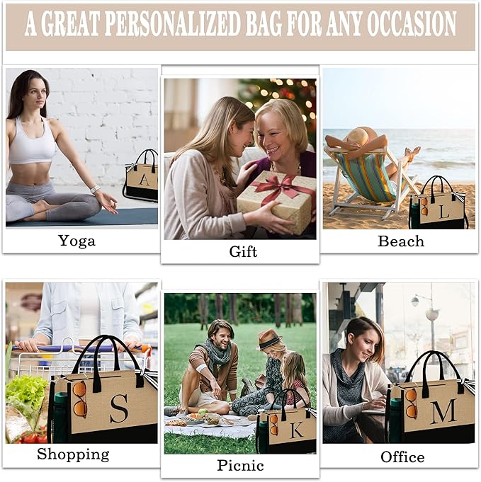 YOOLIFE Valentines Day Gifts for Her - Initial Jute Tote Bag & Makeup Bag, Birthday Gifts for Women Teacher Mom Wife Friend - Bloomnest