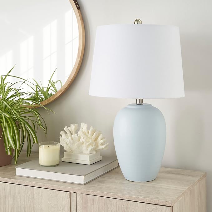 Nourison Home 23" Coastal Blue Ceramic Pot Table Lamp for Bedroom, Living Room, Dining Entryway, with White Shade - Bloomnest