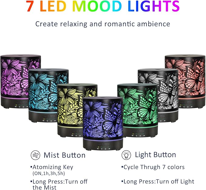 Essential Oil Diffusers 300ML Metal Aromatherapy Oil Diffusers for Large Room,Butterflies & Flower Ultrasonic Cool Mist Diffuser with Waterless Auto Shut-Off Protection, for Home Office SPA Yoga - Bloomnest