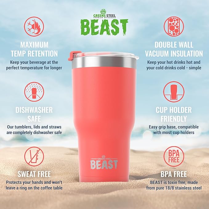 Beast 40 oz Tumbler Stainless Steel Vacuum Insulated Coffee Ice Cup Double Wall Travel Flask (Coral Pink) - Bloomnest