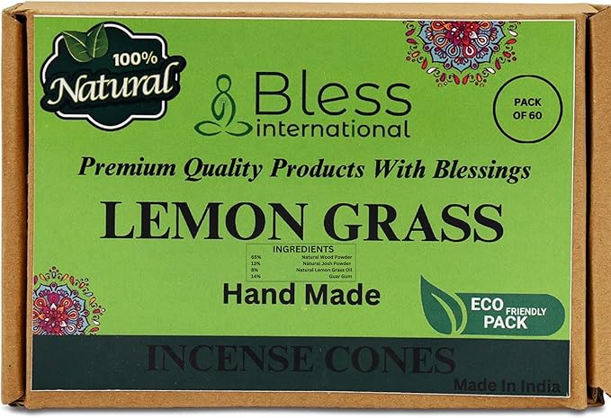Bless International Lemon Gras 100%-Natural-Incense-Cones Handmade-Hand-Dipped Organic-Chemicals-Free for-Purification-Relaxation-Positivity-Yoga-Meditation The-Best-scents (60 Count) BlessInternational