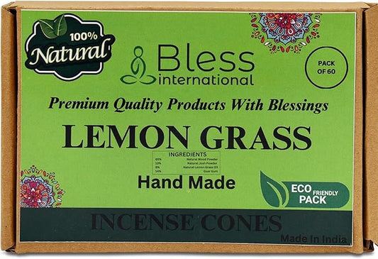 Bless International Lemon Gras 100%-Natural-Incense-Cones Handmade-Hand-Dipped Organic-Chemicals-Free for-Purification-Relaxation-Positivity-Yoga-Meditation The-Best-scents (60 Count) BlessInternational