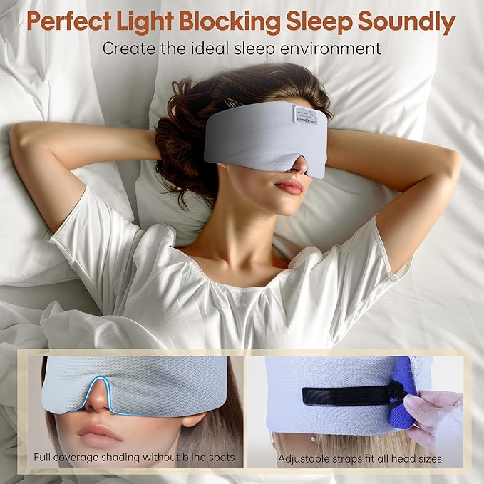 MUSICOZY Ice Silk Sleep Headphones with Bluetooth Mask, Eye Mask for Sleeping in Total Darkness, 5.4 Bluetooth Sleep Mask Sleep Headphones, Soft, Gifts for Men Women (Blue) - Bloomnest
