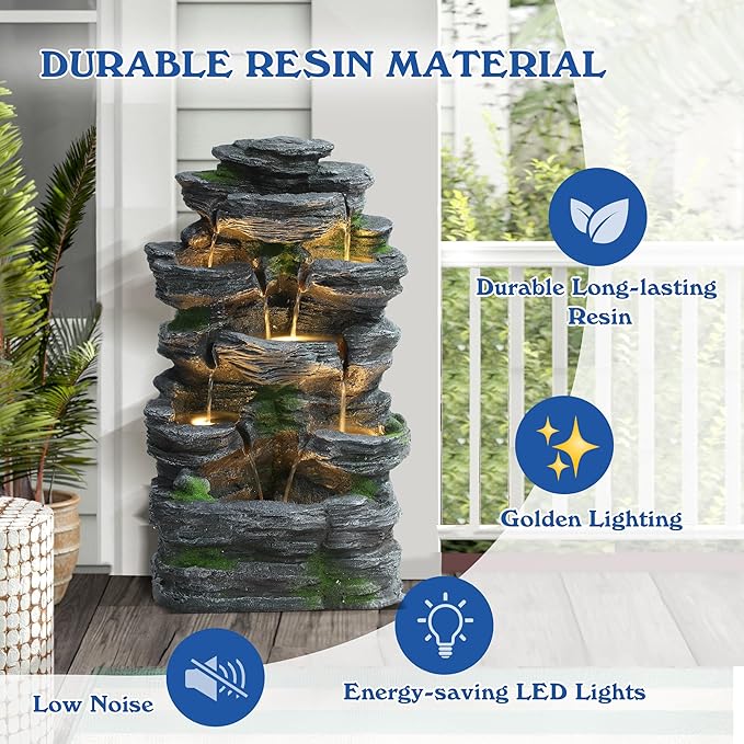 TITIMO 7-Tier Cascading Rock Water Fountain Outdoor Garden Waterfall with Lights,Fountain Indoor Decor for Garden, Patio, Backyard, Deck, Porch and Home Art Decor (24" H) - Bloomnest