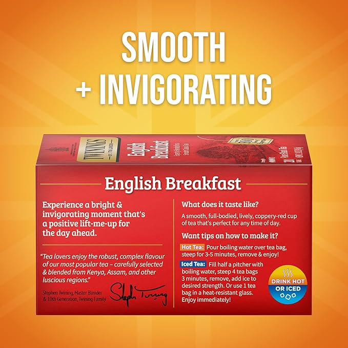 Twinings English Breakfast Black Tea Individually Wrapped Bags, 20 Count (Pack of 6), Flavourful, Robust, Caffeinated, Enjoy Hot or Iced, 120 Teabags - Bloomnest