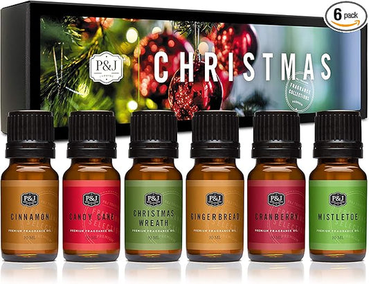 P&J Fragrance Oil Christmas Set | Christmas Wreath, Mistletoe, Candy Cane, Gingerbread, Cinnamon, and Cranberry Candle Scents, Freshie Scents, Candle/Soap Making Supplies PJTrading