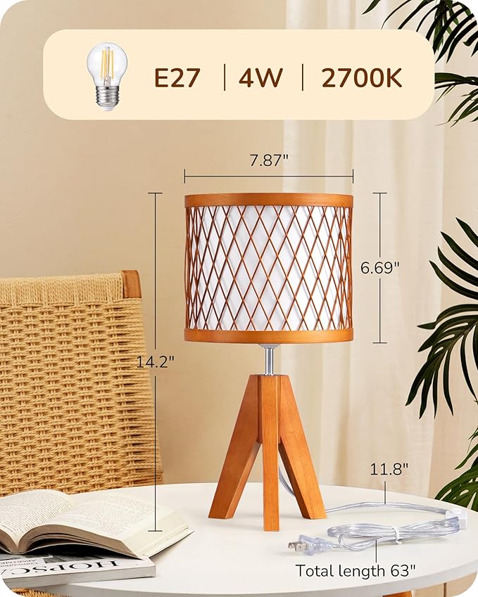 EDISHINE Small Table Lamp, 14.17" Wood Tripod Bedside Lamp with Bamboo Lampshade & PVC Shade, ON-Off Switch & E26 Base, Boho Nightstand Lamp for Living Room, Bedroom - Bloomnest