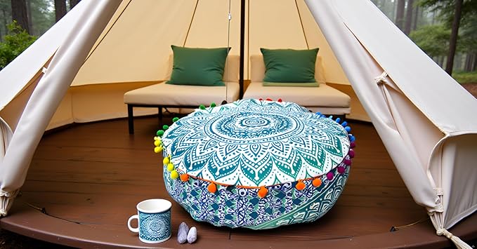 INDIAN CRAFT CASTLE ICC Mandala Barmeri Large Floor Pillow Cover Cushion Meditation Seating Ottoman Throw Cover Hippie Decorative Zipped Bohemian Pouf Ottoman Cases Green Ombre 16" Round - Bloomnest