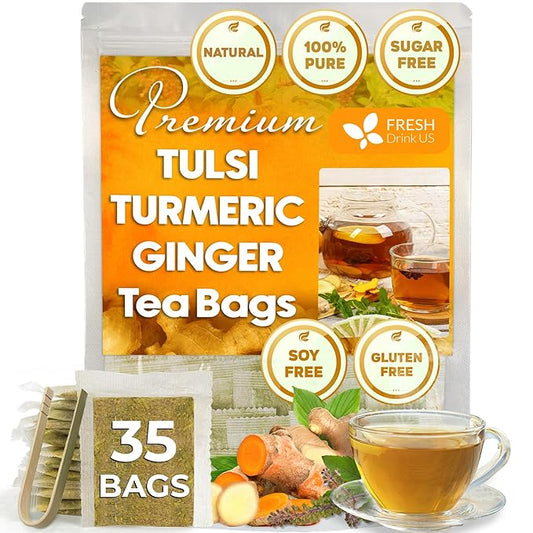 FreshDrinkUS, Premium 35 Tulsi Turmeric Ginger Tea Bags, 100% Natural & Pure from Tulsi Holy Basil Leaves, Turmeric and Ginger. Made with Natural Material Tea Bags. No Sugar, No Caffeine, Vegan. - Bloomnest