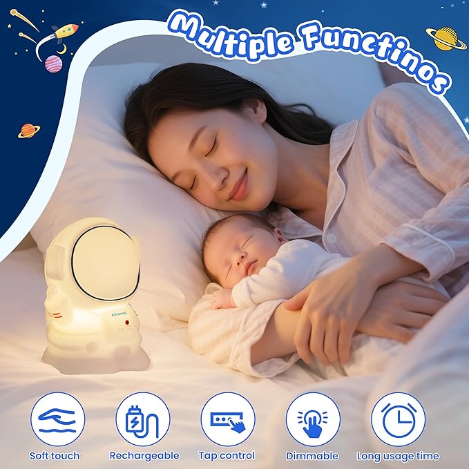 Night Light for Kids, Rechargeable Dimmable Silicone LED Nightlight with 7 Colors, Baby Nursery Night Lamp, Touch Squishy Lamp, Cute Gifts for Girls, Boys, Toddler Room Decor, Astronaut - Bloomnest