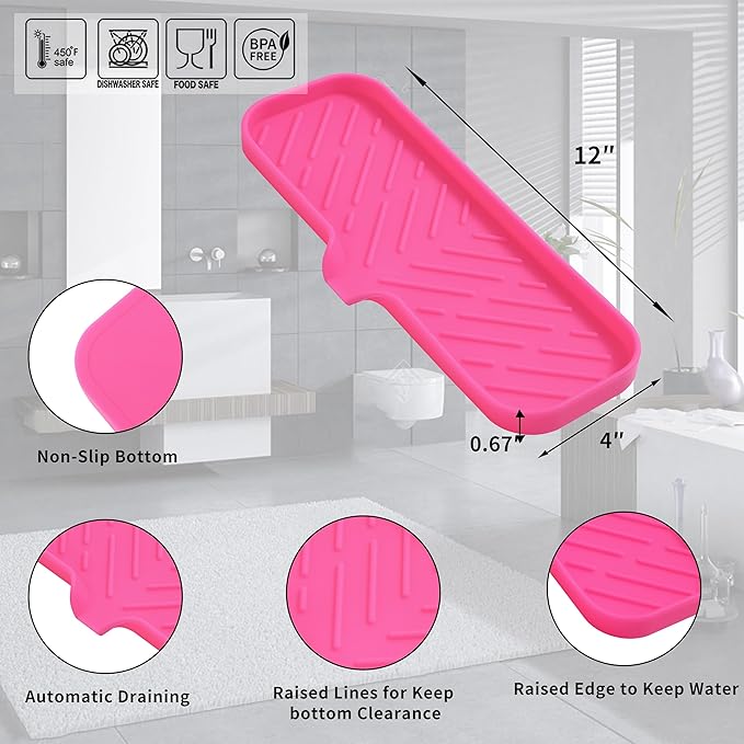 Silicone Bathroom Soap Dishes with Drain Spout-Bathroom and Kitchen Sink Organizer,Sponge Holder,Dish Soap Tray,Perfect for Dispenser,Scrubber,Bottle,Cup on Sink or Counter-Rose 12"×4" - Bloomnest