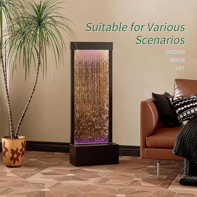 LONGRUN Indoor Water Fountain Mirror Waterfall Fountain with APP Controlled Multicolor LED Light, Floor Standing Fountains Kit, 48" Home Decor Large Freestanding Water Feature Waterfalls - Black Brown - Bloomnest