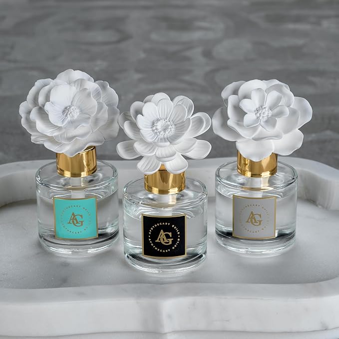 Zodax Apothecary Guild Blush Porcelain Oil Diffuser - Home Fragrance Diffuser Ideal for Living Room, Bathroom, Office - Makes a Great Gift - Porcelain Flower Design - Fig Vetiver - 1.69 Oz.