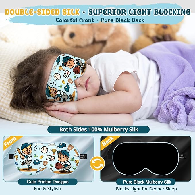Kids Sleep Mask – 100% Mulberry Silk Eye Mask with Adjustable Strap, Soft Light Blocking Sleeping Mask for Children, Cute Printed Eye Cover for Boys Girls Ages 5-15 (Baseball Style) - Bloomnest