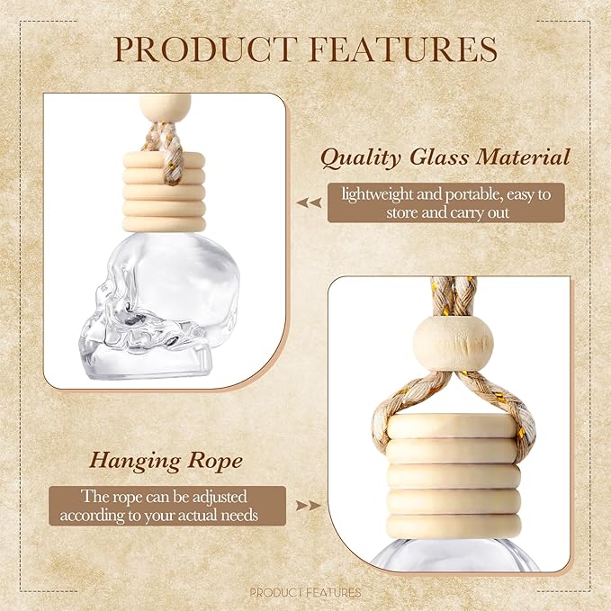 BBTO 50 Pcs Hanging Car Air Freshener Car Diffuser Bottles Empty Glass Perfume Bottle Freshener Diffuser Bottle Pendant for Essential Oil Fragrance Aromatherapy Bottle Ornament(Skull) - Bloomnest