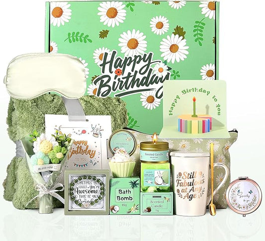 Birthday Gifts for Women Daisy Spa Gifts Box Set,Happy Birthday Gift Baskets for Mom Wife Girlfriend Best Friend Sister Self Care Valentines Day Gifts for Her with Blanket Vanilla Coconut Candle