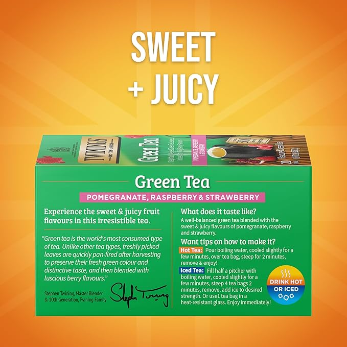 Twinings Green Tea with Pomegranate, Raspberry, & Strawberry Individually Wrapped Bags, 20 Count (Pack of 6), Caffeinated, Enjoy Hot or Iced, 120 Teabags - Bloomnest