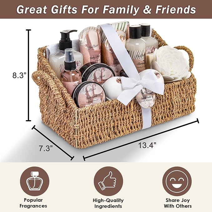 Bath Spa Gift Sets - Luxury Basket With Coconut & Vanilla - Spa Kit Includes Wash, Bubble Bath, Lotion, Bath Salts, Body Scrub, Shower Puff, Bathbombs, Soap and Towel - Bloomnest