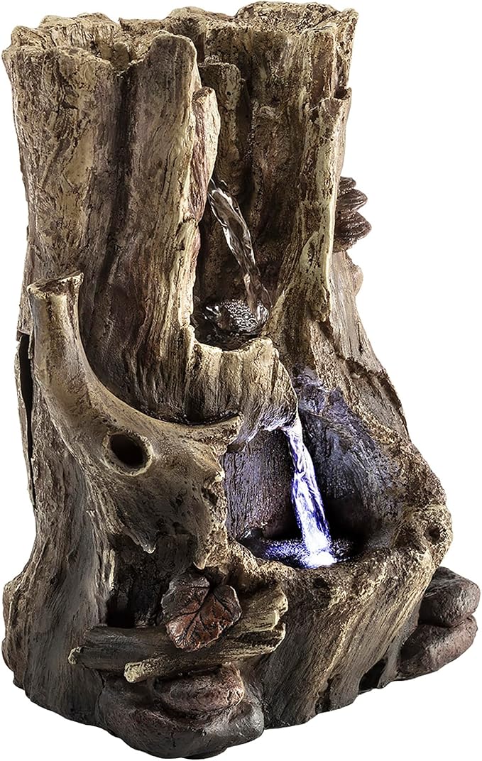 Alpine Corporation WIN326 Indoor Tabletop Light-Up Tiered Rainforest Tree Trunk Water Fountain with LED Lights, 11", Brown - Bloomnest