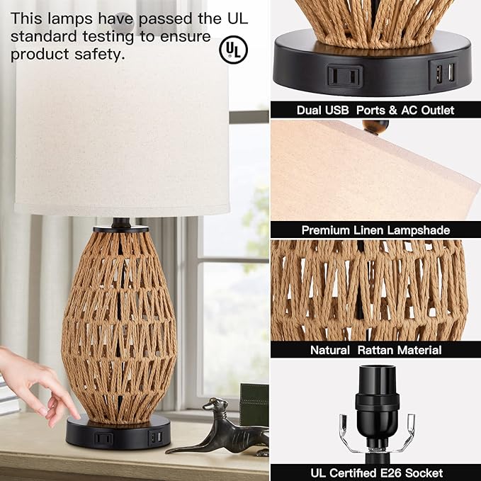 Touch Control Rattan Table Lamps, 3 Way Dimmable Bedside Lamps for Bedroom Set of 2 with 2 USB Ports and AC Outlet, Wicker Nightstand Lamps for Living Room (LED Bulbs Included) - Bloomnest