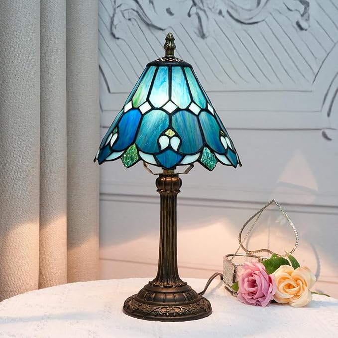 8 Inch Tiffany Style Colorful Lamp, Blue Green Umbrella Retro Design Bedside Lamp, Suitable for Bedroom, Dormitory Cafe and Other Home Art Decoration - Bloomnest