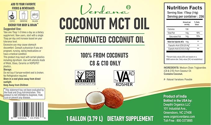 Verdana Coconut MCT Oil 1 Gallon – Food Grade for Keto Coffee, Unflavored Natural Oil Pulling Mouthwash, Massage, Aromatherapy – 100% from Coconut - Medium Chain Triglycerides – Non-GMO, Kosher