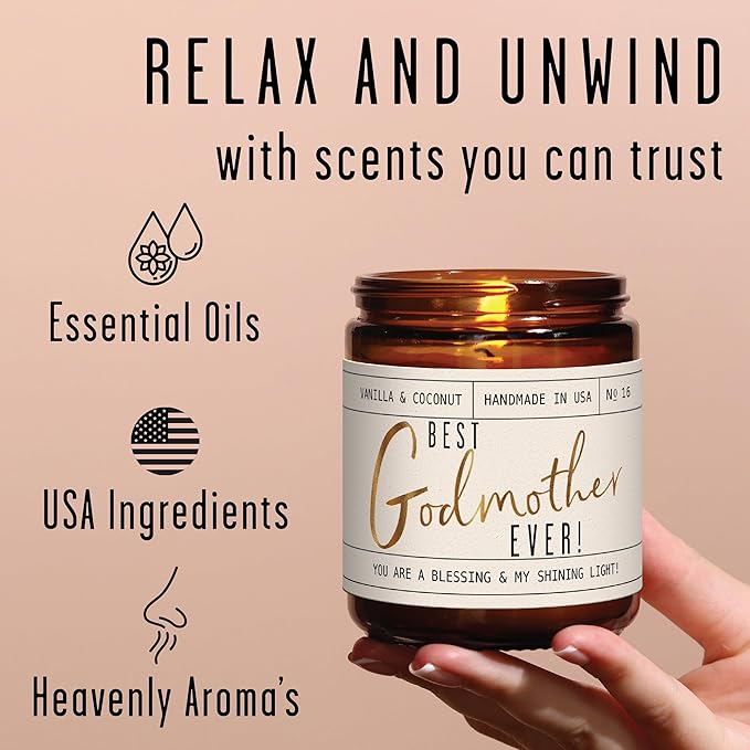 Godmother Gift - 'Best Godmother Ever!' Candle, w/Coconut & Vanilla - Godmother Gifts from Godchild I Godmother Proposal Gift I God Mother Gifts for Women I God Mom I 50Hr Burn, USA Made - Bloomnest