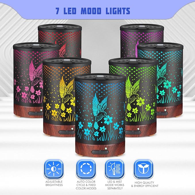 Essential Oils Diffuser,Aromatherapy Diffuser,Birthday Gifts for Women Mom Grandma,Metal Cool Mist Humidifier with 7 Colors Lights Waterless Auto Off Air Diffusers (C-Hummingbirds) - Bloomnest