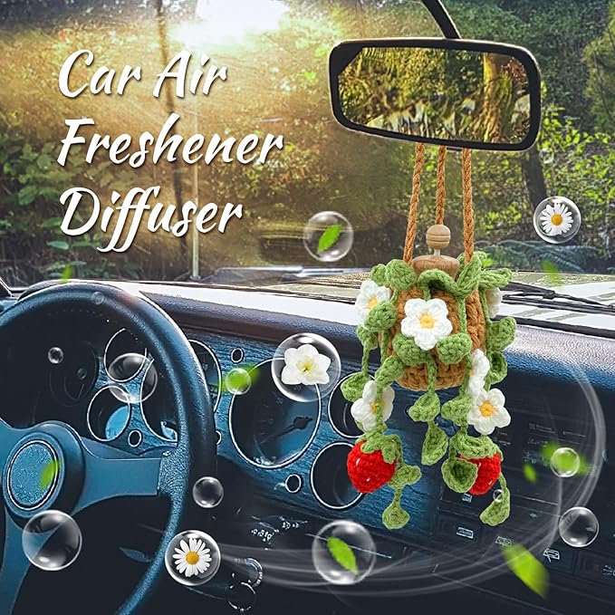 Crochet Car Air Freshener, 15ml Empty Refillable Oil Diffuser Bottle with Hanging Crochet Cute Plant for Car Rearview Mirror Decor Air Freshener Diffuser for Home and Office Decor(Two Strawberry) - Bloomnest