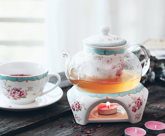 Jusalpha Fine China Tea Sets Vintage Rose Flower Series Coffee Cup-Teacup Saucer Spoon Set with Teapot Warmer & Filter (Rose Glass pot 03) - Bloomnest