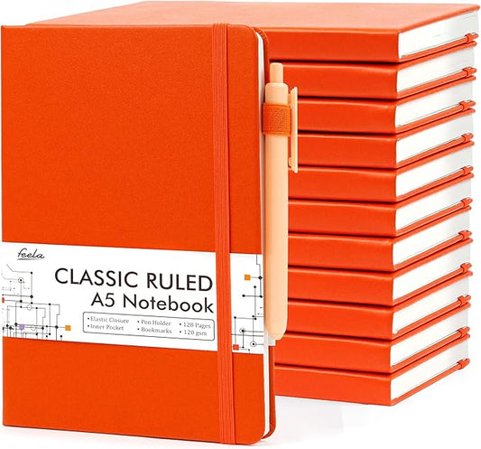 12 Pack Notebooks Journals Bulk with 12 Black Pens, Feela A5 Hardcover Notebook Classic Ruled Journal Set with Pen Holder for School Business Work Travel Writing, 120 GSM, 5.1”x8.3”, Orange - Bloomnest