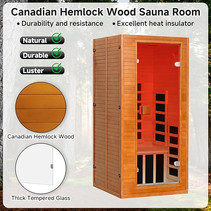 springspa Infrared Sauna for Home, 1 Person Home Sauna with Red Light Therapy, Canadian Hemlock Wooden Dry Saunas Room with Bluetooth Speakers, 1178 W/120V, 15 Minutes Pre-Warm up springspa