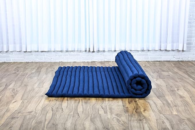 Leewadee - Foldable Floor Mattress - Japanese Roll Up Futon -Trifold Tatami Mat- Guest Floor Bed - Camping Mattress - Thai Massage Mat, Kapok Filled, 75 x 57 inches, Blue - Bloomnest