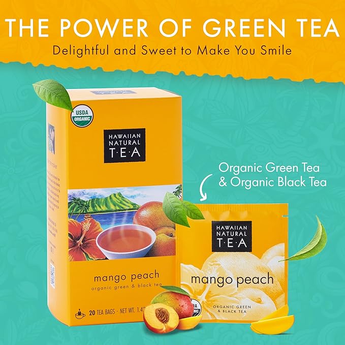 Hawaiian Natural Tea Mango Peach Flavored Organic Tea - Tropical Fruit Green and Black Tea Blend - Perfect Daily Cup & Gift for Special Occasions - 60 Tea Bags - Bloomnest