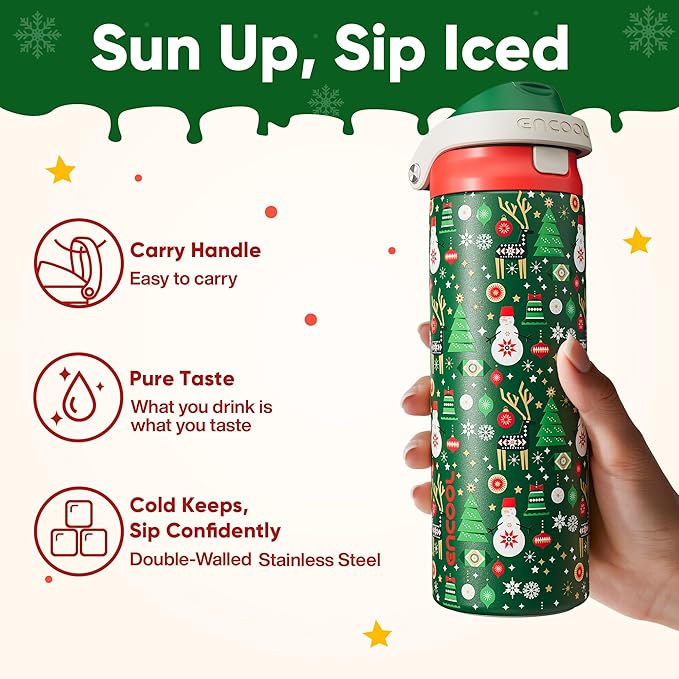Christmas Insulated Water Bottle with Straw - Leak Proof Stainless Steel Water Bottle for School, Travel, Keeps Cold All Day, One-Touch Flip Lid, Holiday Gifts For Women Men, 24 oz, Frosty Forest ENCOOL