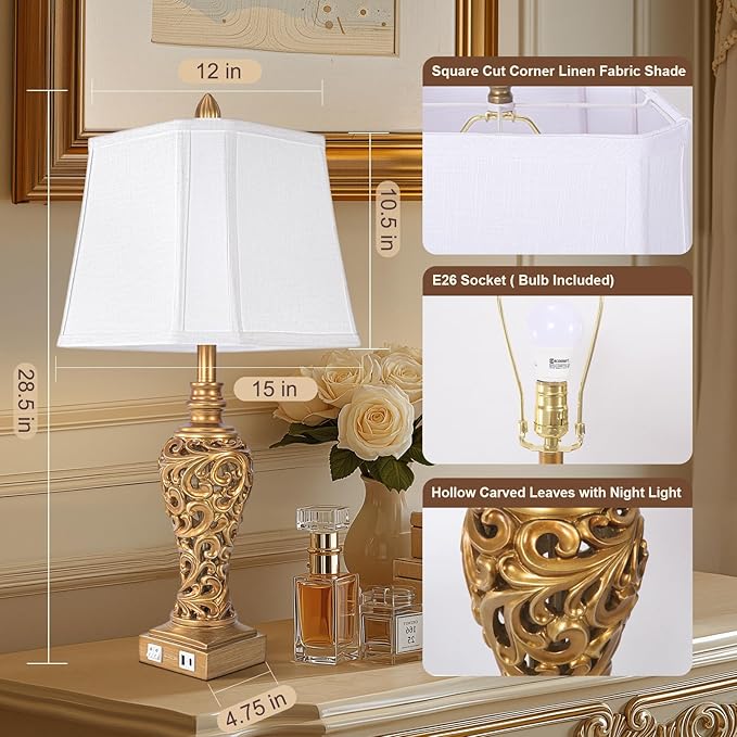 Vintage Table Lamps Set of 2, 28.5'' Tall Antique Gold Bedside Lamps with Fabric Shades, USB A+C Charging Ports & Night Light, Farmhouse Nightstand Lamps for Bedroom Living Room Office (Bulb Included) - Bloomnest