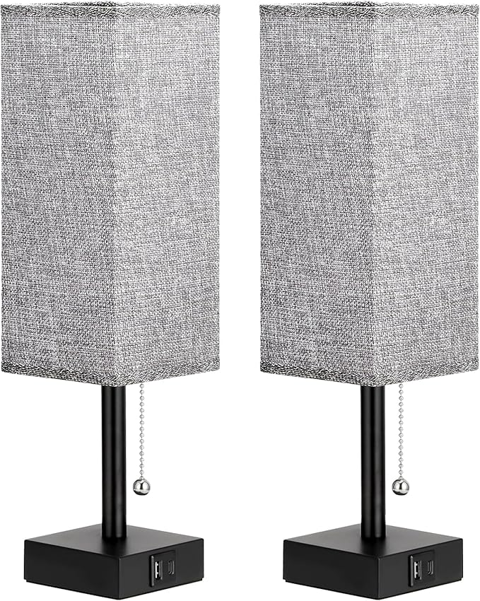 Bedside Table Lamps Set of 2 - Gray Bedroom Lamps with 3 Color Temperatures (3000K/5000K/4000K), Square Nightstand Light with USB C + A Charging Ports, Pull Chain Small Night Light - Bloomnest