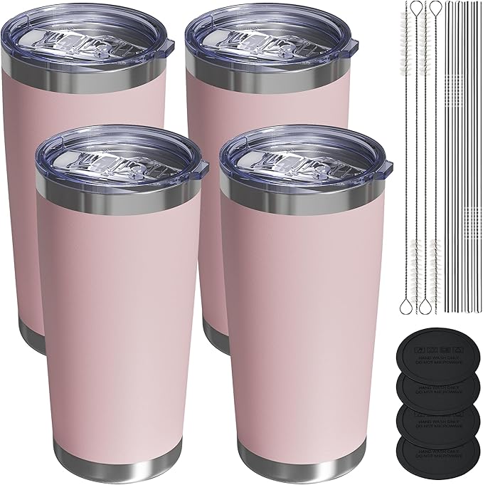 Travel Coffee Tumbler 20oz, 4 Pack Leakproof Travel Coffee Mug with Lid and Straw, Stainless Steel Double Wall Vacuum Insulated Tumbler for Hot/Iced Drinks (Textured Matte, Soft Pink) - Bloomnest