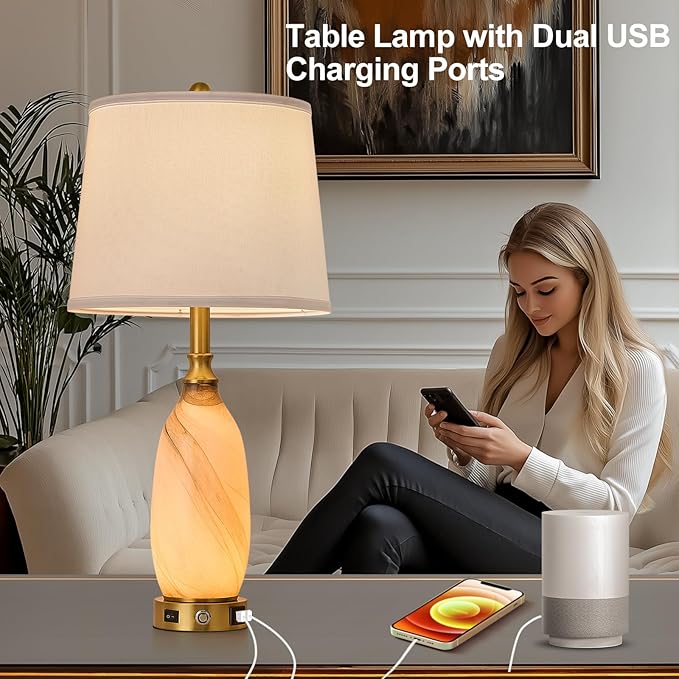AIDENOEY 26" Modern Art Glass Table & Bedside Lamp, Stepless Dimmable Base + Dimmable 3-Color Light, USB A/C Charging Ports, Touch Control & Switch for Bedroom, Living Room, Office, Study - Bloomnest