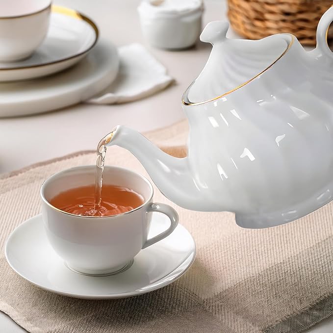 Lynns Porcelain Vintage Teapot with Embossed Swirls 37oz Tea Pot Classic White Tea Set for Parties & Celebrations Ideal Teapot for Tea Cups & Saucers Perfect for Tea Parties - Imperial Gold