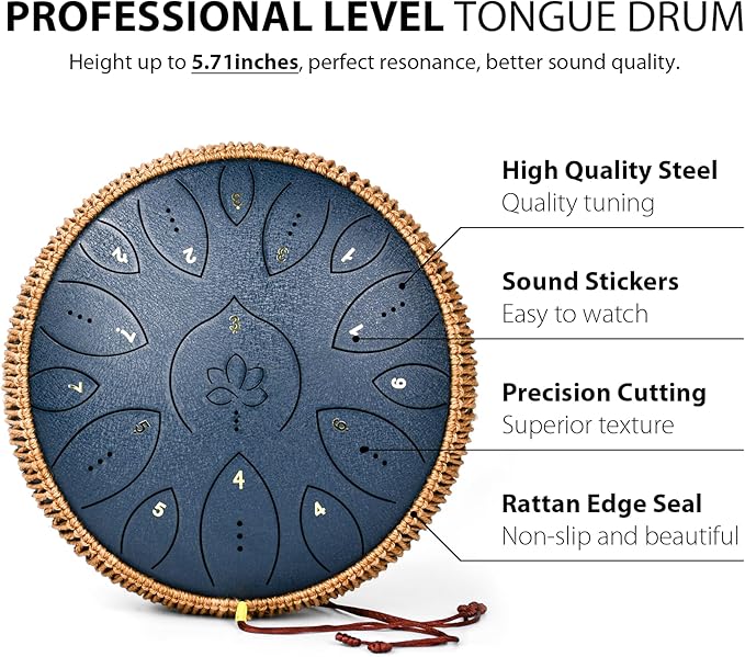 Steel Tongue Drum 13 Inches 15 Notes, Hand Pan Drums for Adults 440hz, C Major Handpan Musical Instrument with Song Book, Mallets and Carry Bag, Navy Blue - Bloomnest