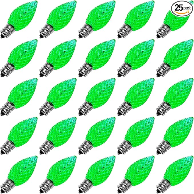 Meconard C7 Led Replacement Christmas Light Bulbs, C7 Shatterproof Led Bulbs for Christmas Indoor Outdoor String Lights, E12 Candelabra Base, Commercial Grade Holiday Light Bulbs, Green, 25 Pack - Bloomnest