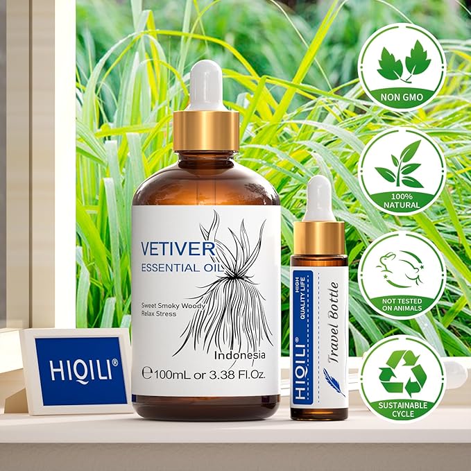 HIQILI 100ML Vetiver Essential Oil, 100% Pure Natural for Diffuser Calm and Relation- 3.38 Fl Oz - Bloomnest