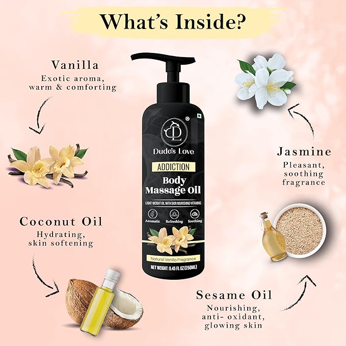 Organic - Vanilla Edible Full Body Massage Oil - No Stain & Non-Sticky | with Fractionated Coconut Oil, Vanilla & Jasmine Oil, Date Night | Massage Oil for Massage Therapy - 8.45 Fl Oz - Bloomnest