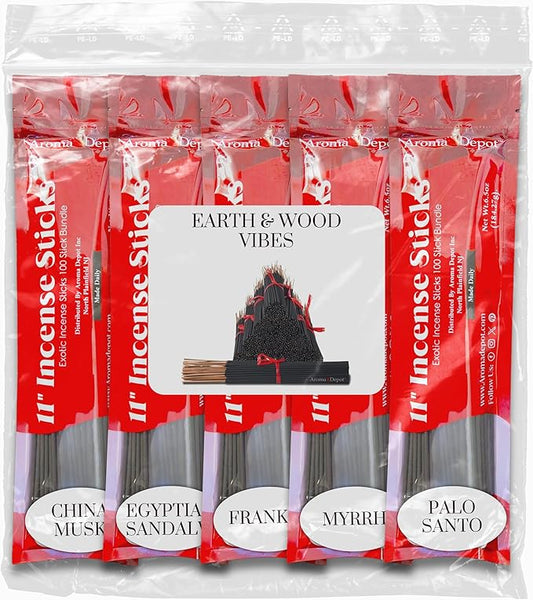 Earth & Wood Vibes 11'' Incense Sticks - Variety Set 500 Pack - 11 inch - 5 Bundles 100 Sticks Per Fragrance Scent. Set Features China Musk, Egyptian Sandalwood, Frankincense, Myrrh, Palo Santo AromaDepotInc