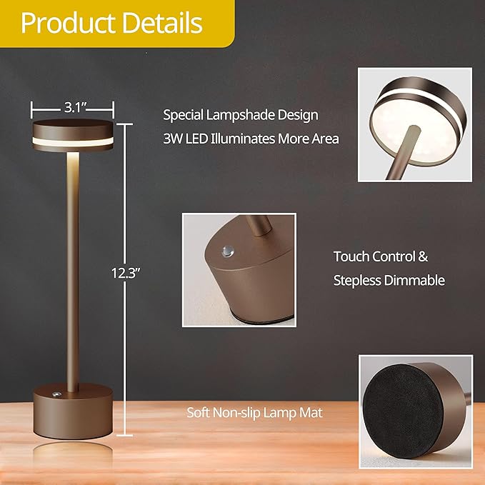 Cordless Table Lamp, Portable Rechargeable Bedside Lamp, Touch Stepless Dimmable Desk Lamp, for Home Bedroom Hotel Restaurant Bar Outdoor, 2 Set, Coffee - Bloomnest